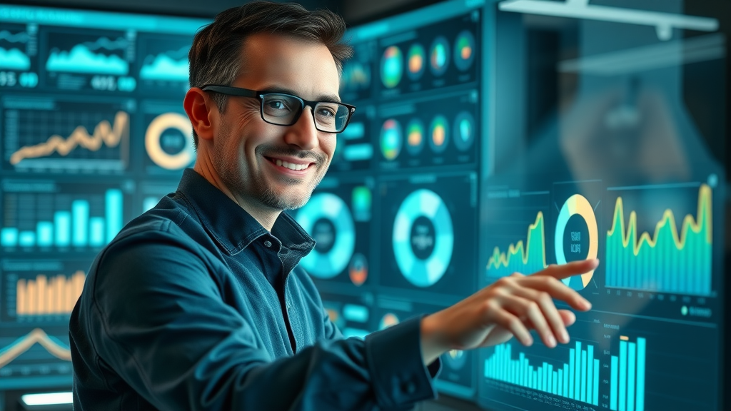 Confident analyst reviewing reputation score metrics on a digital dashboard to improve social media reputation
