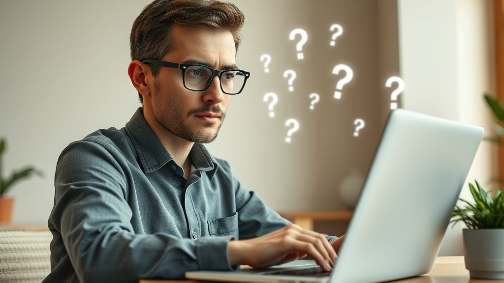 Marketing professional researching frequently asked questions on social media reputation management in a stylish workspace