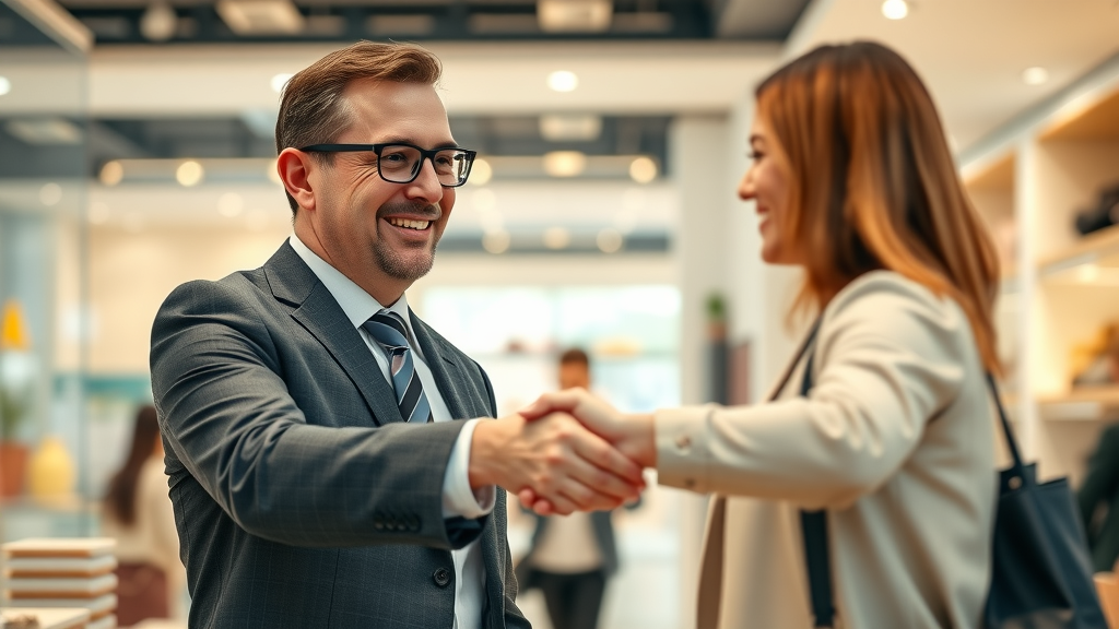 Business leader closing a successful social media reputation management deal by shaking hands with a happy customer