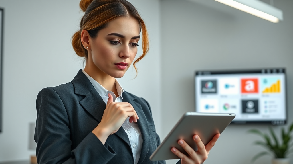 confident marketing executive reviewing digital brand management strategy