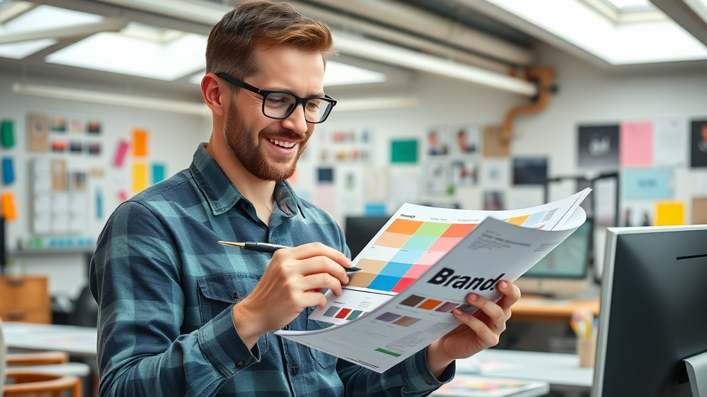 designer referencing brand guidebook and annotating style sheet