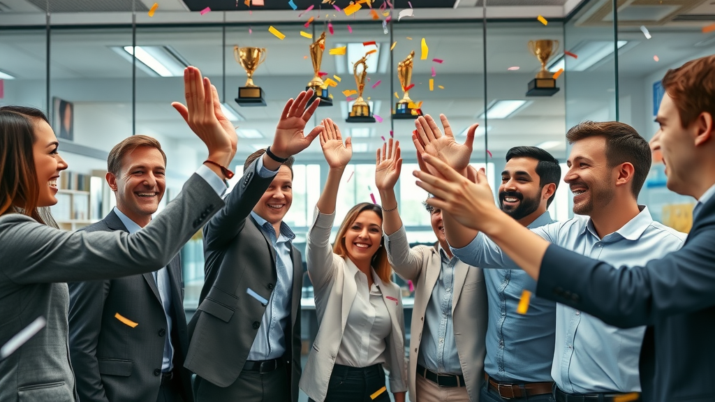 business team celebrating brand equity growth with rising chart