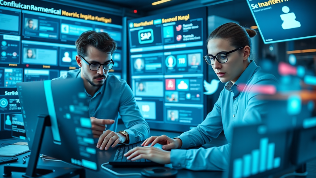 young professionals managing branded social media feeds in digital control room