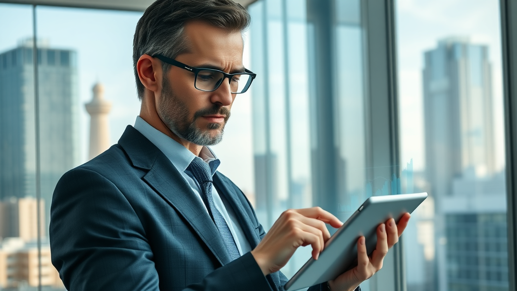 Insightful business manager reviewing data charts for advertising budget optimization in a modern office overlooking cityscape