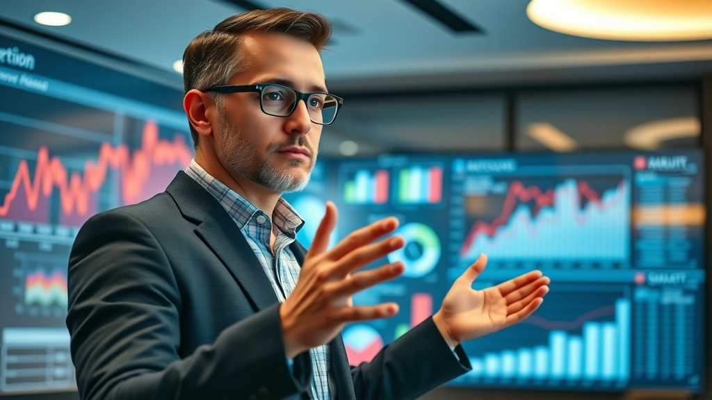 Analytical marketer presenting digital marketing strategy for advertising budget optimization with digital graphs in conference room