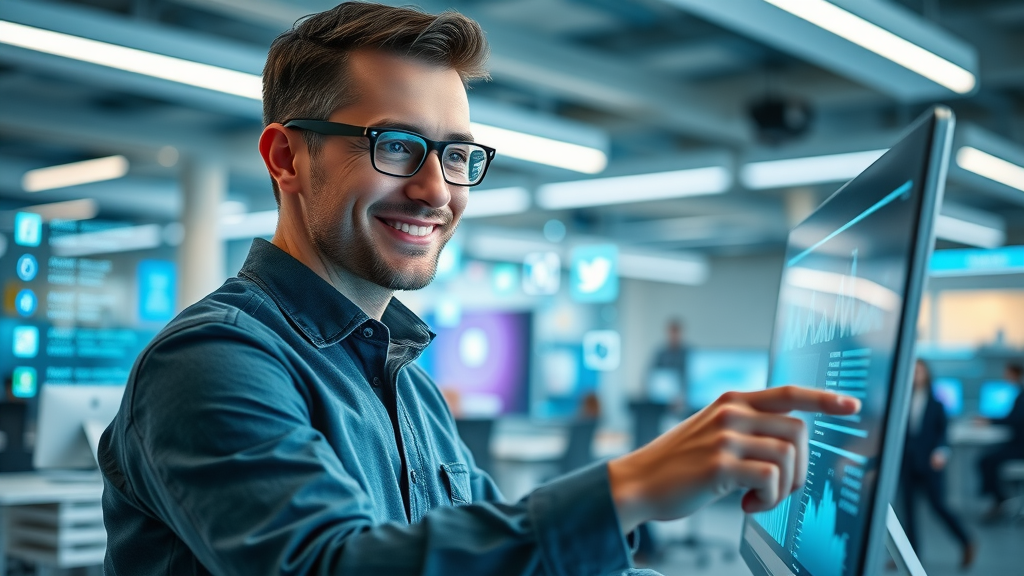 Modern marketer analyzing social media analytics dashboard for media marketing budget optimization