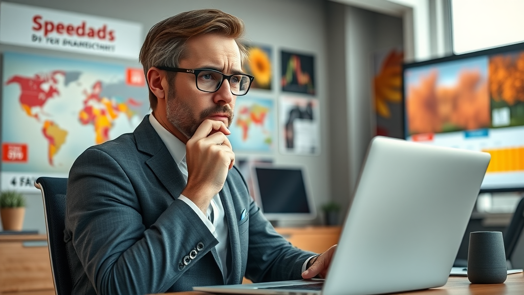 Concerned marketing executive reviewing digital marketing budget allocation and seasonal campaign performance