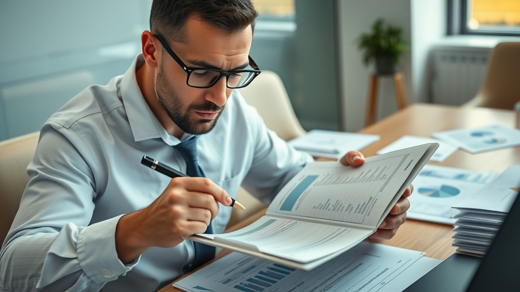 Focused accountant conducting a financial audit for marketing budget in company meeting room