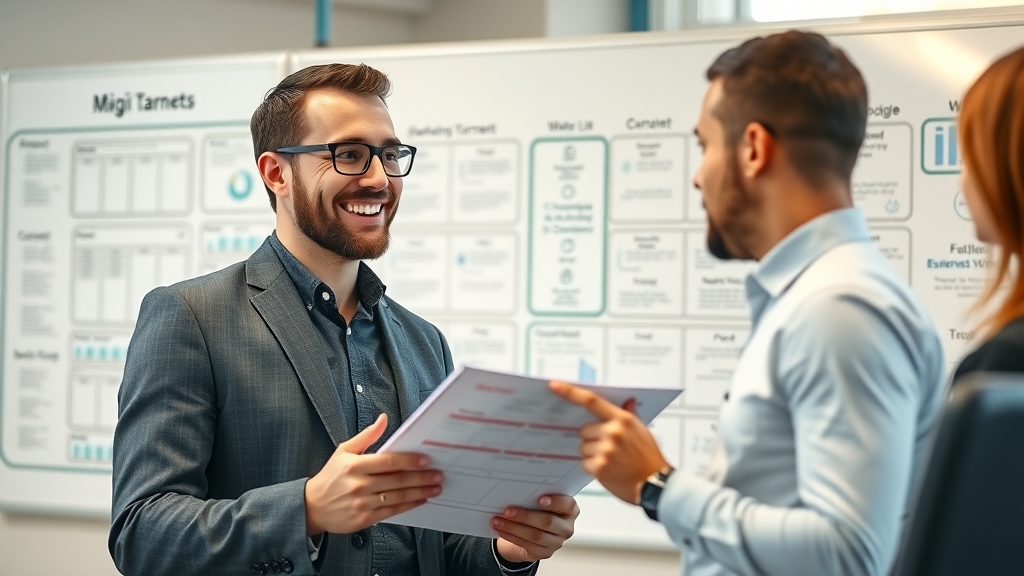 Mid-sized business owner discussing digital marketing budget planning with strategist and flowcharts