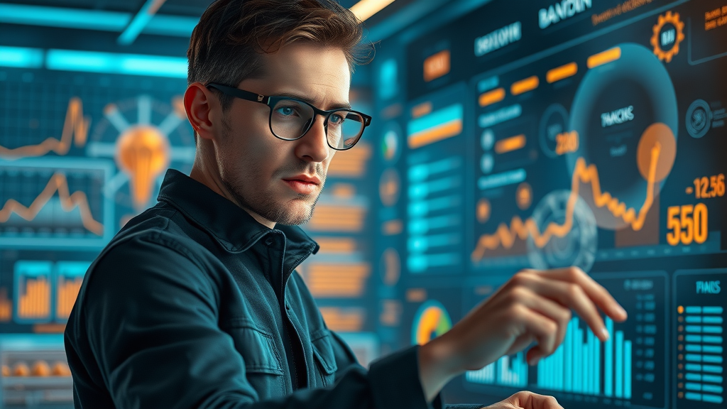 Futuristic marketer interacting with AI-powered dashboard for advertising budget optimization