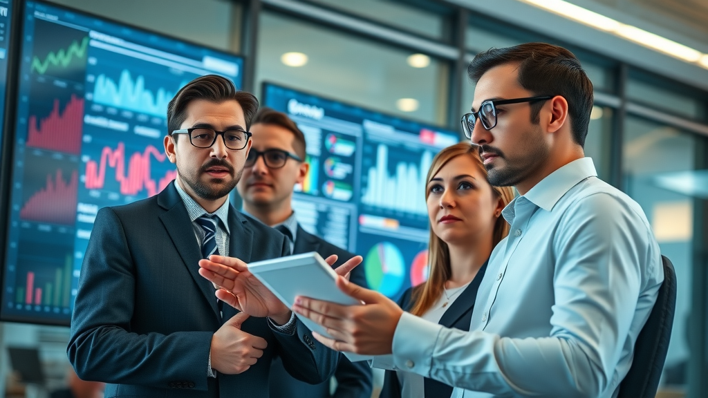 google ads management - Business team reviewing ad spend data on digital screens. Photorealistic, focused expressions, charts and performance graphs in a modern office.