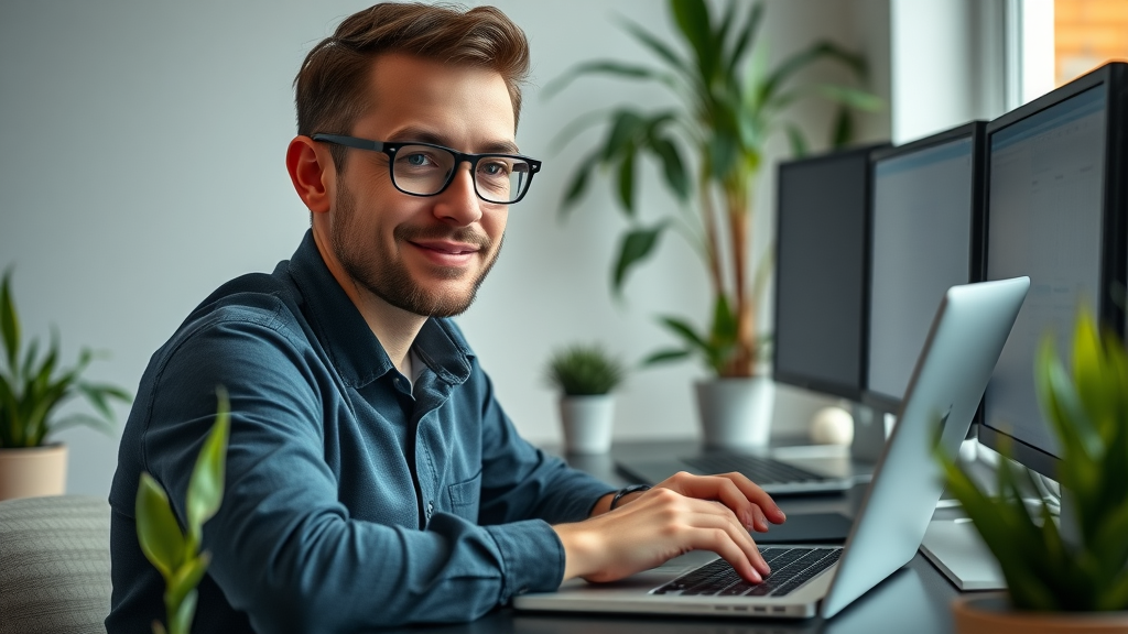 google ads manager account - Digital marketer configuring google ads manager account, sleek home office, dual monitors, confident expression.