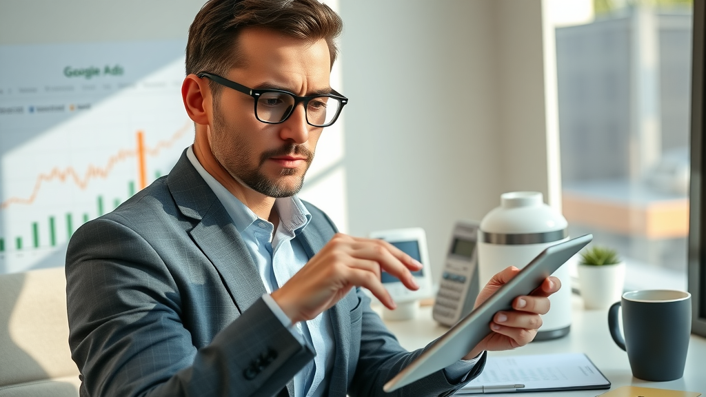 google ads account budget - Businessperson adjusting Google Ads budget sliders on tablet, digital ads dashboard in background.