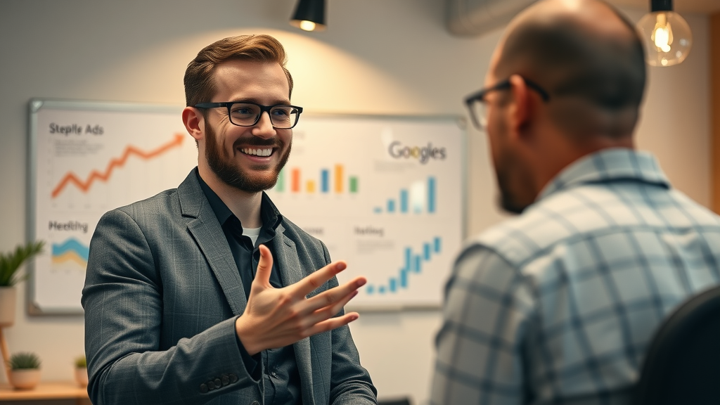 google ads management expert - Digital marketing consultant discussing google ads strategies with small business owner in a cozy agency meeting room.