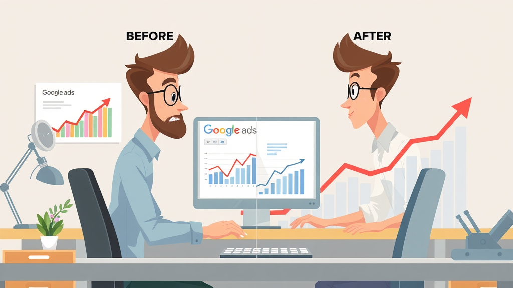 google ads manager optimization - Split graphic showing before and after google ads results, charts, and upward trend arrows, focused marketer at computer.