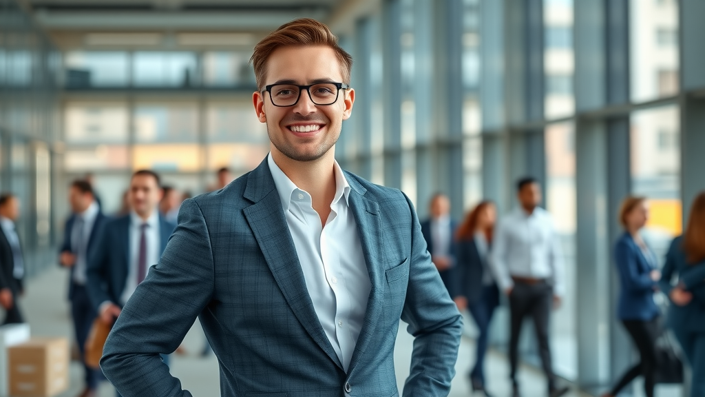 confident professional, smiling, standing with hands on hips, modern urban office, personal branding