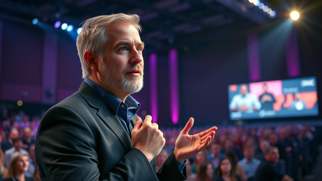 innovative thought leader, on stage, presenting to audience, personal brand, thought leader