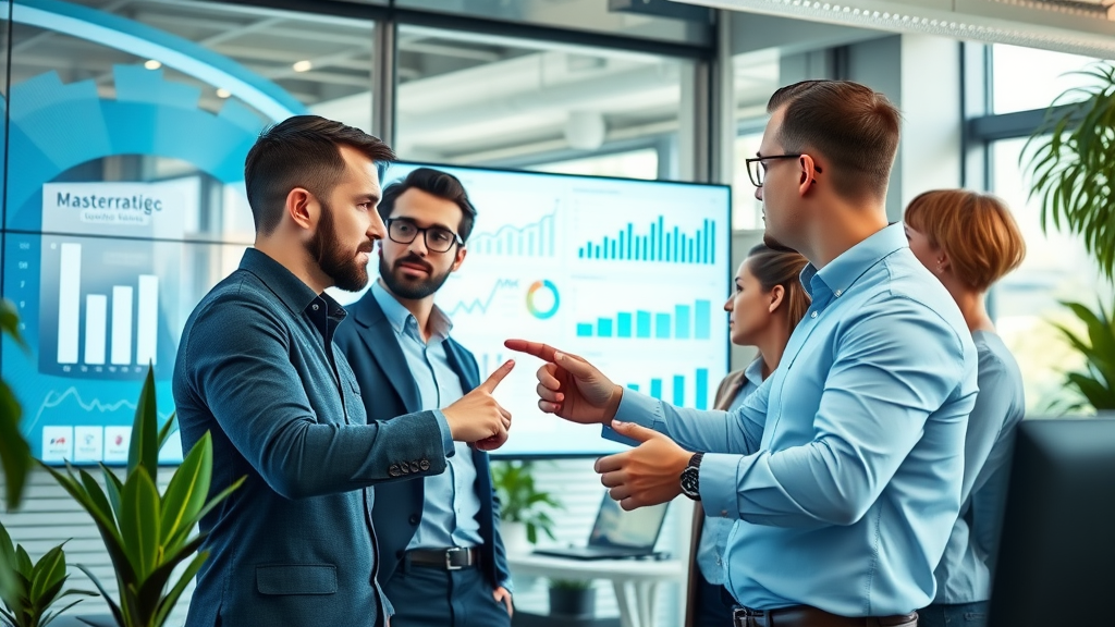 digital marketing dashboard for content marketing campaigns, business analysts examining data charts, modern office, natural collaboration, blue and white tones