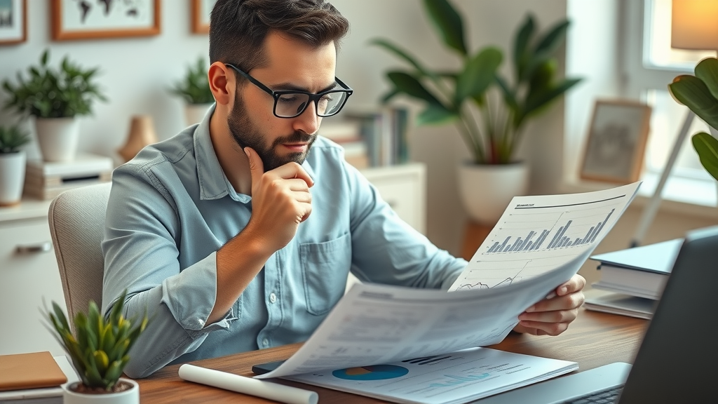 content marketer analyzing content marketing campaigns reports, reviewing printed charts, lifelike modern workspace