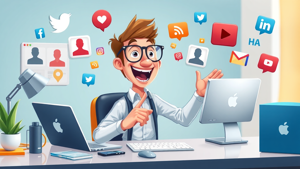 social media specialist managing multiple social platforms for content marketing campaigns, creative desk, floating media icons