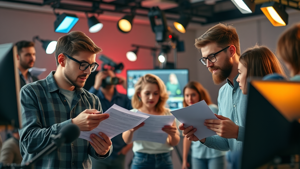 efficient content creators collaborating on scripts and video editing for high-performing content marketing campaigns, creative studio