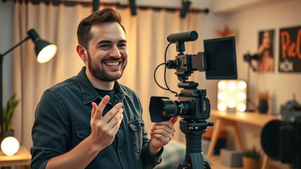 videographer in home studio filming content marketing campaigns, professional camera, cozy LED-lit backdrop