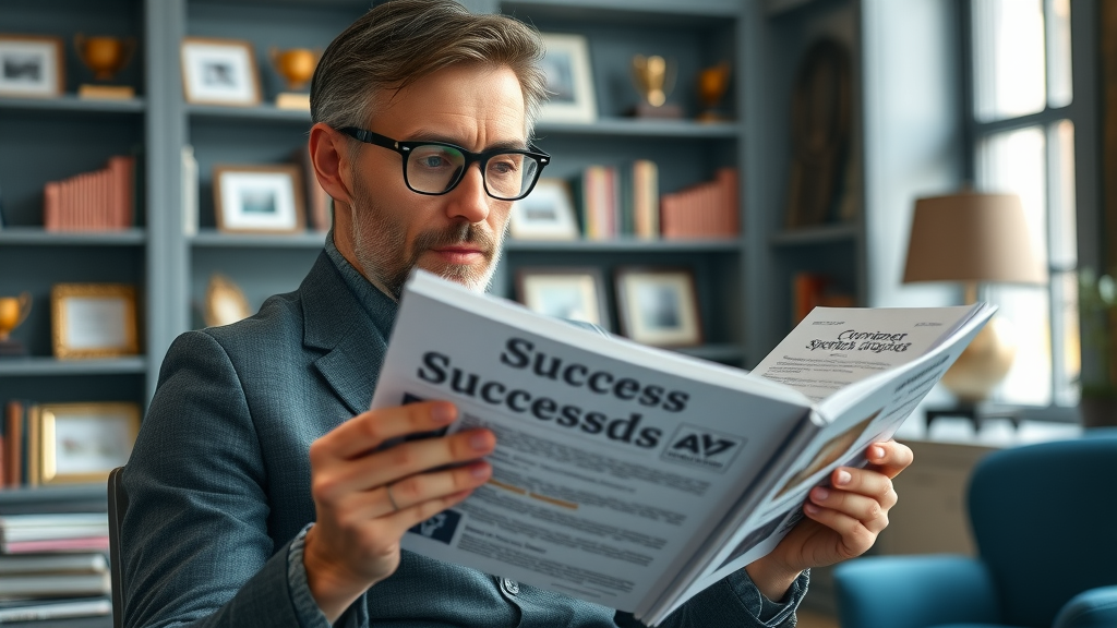 content strategist studying portfolio of successful content marketing campaigns, office with creative case studies