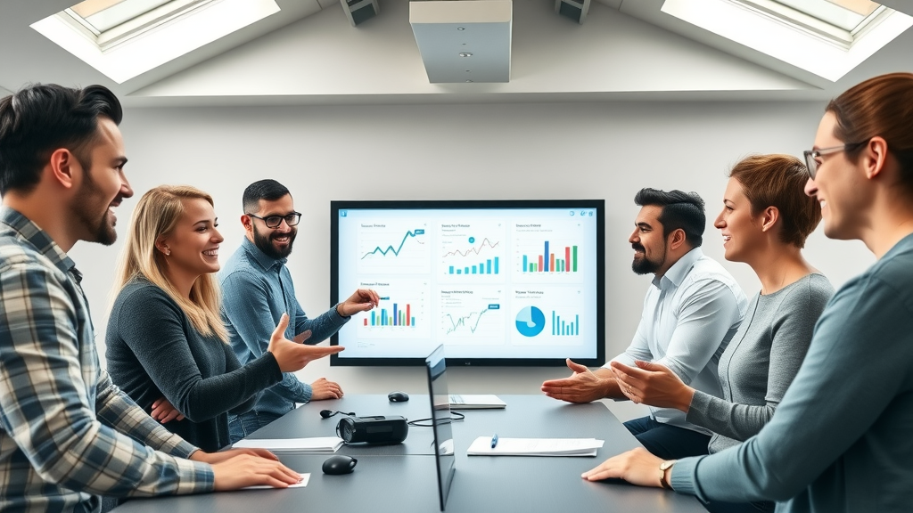 motivated content marketers at team training, learning strategy on smart board for high-performing content marketing campaigns
