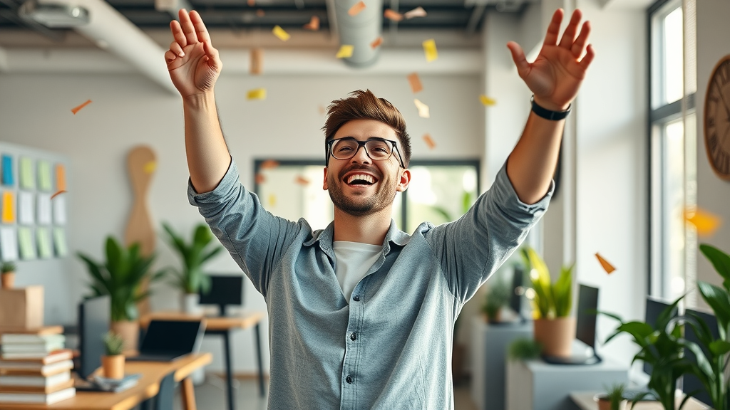 inspired digital marketer celebrating a successful turnaround in content marketing campaigns, bright modern workspace, awards, confetti