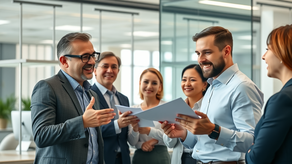 brand awareness strategies being discussed by business leaders in a modern office, confident expressions, innovative branding strategies, dynamic collaboration, bright open workspace