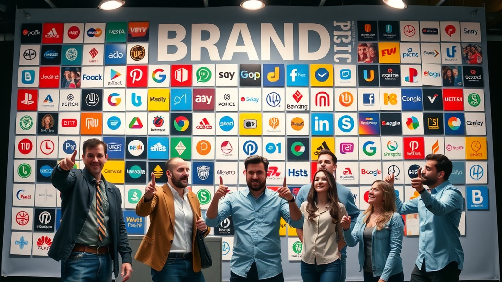 creative branding wall with team discussing logos and color palettes, building a strong brand image, marketing strategy workshop