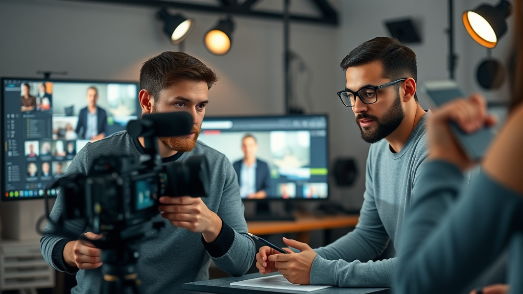 content marketing team filming branded videos and writing blogs to build brand awareness in a lively digital studio