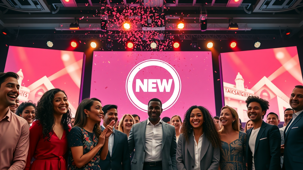unveiling a new brand logo at a lively campaign event, building brand awareness, professionals celebrating brand launch