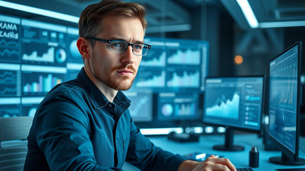 digital marketer managing multiple digital channels to keep the brand top of mind, holographic interfaces, analytics dashboards