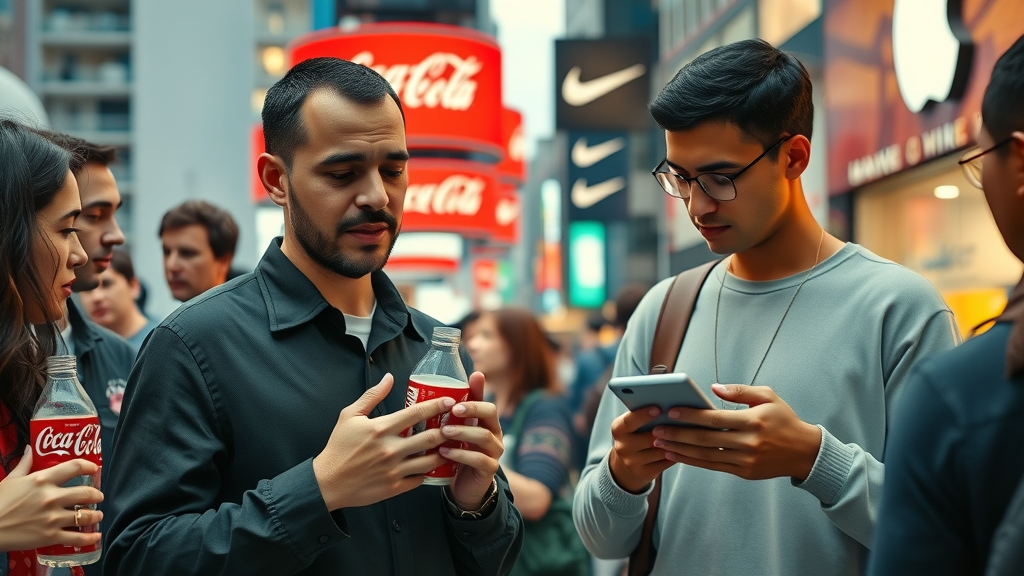 showcase of consumers interacting with iconic brands like Coca-Cola, Nike, and Apple, illustrating high brand awareness