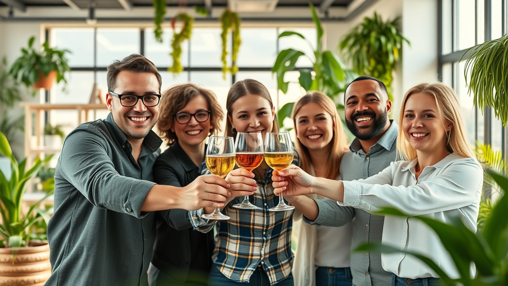 motivated entrepreneurs celebrating brand awareness triumphs, modern co-working space, joyful teamwork