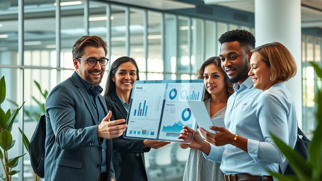 Reputation monitoring tools used by diverse marketing team analyzing digital data in a modern office setting