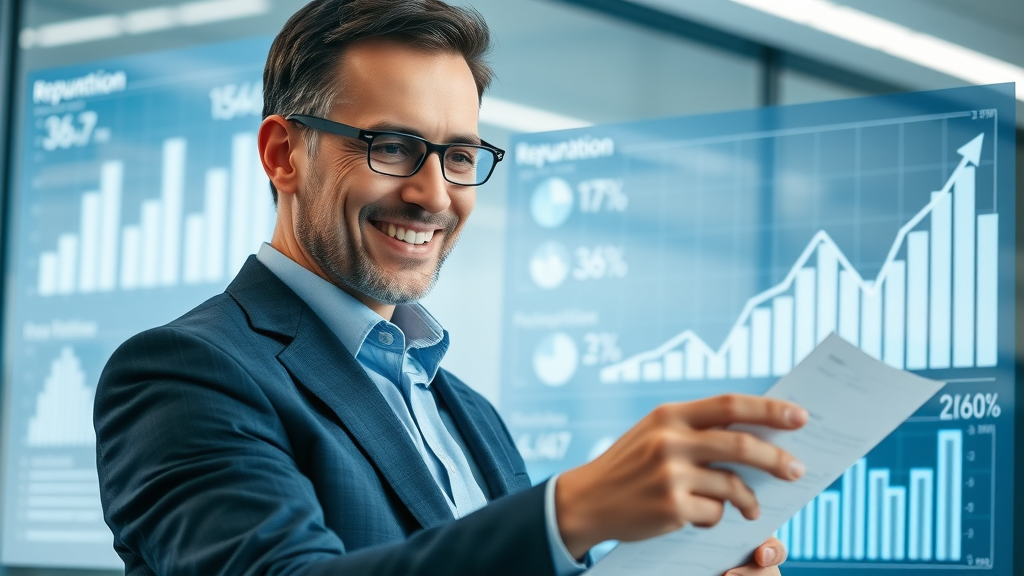 Executive analyzing reputation measurement graphs on a digital analytics screen