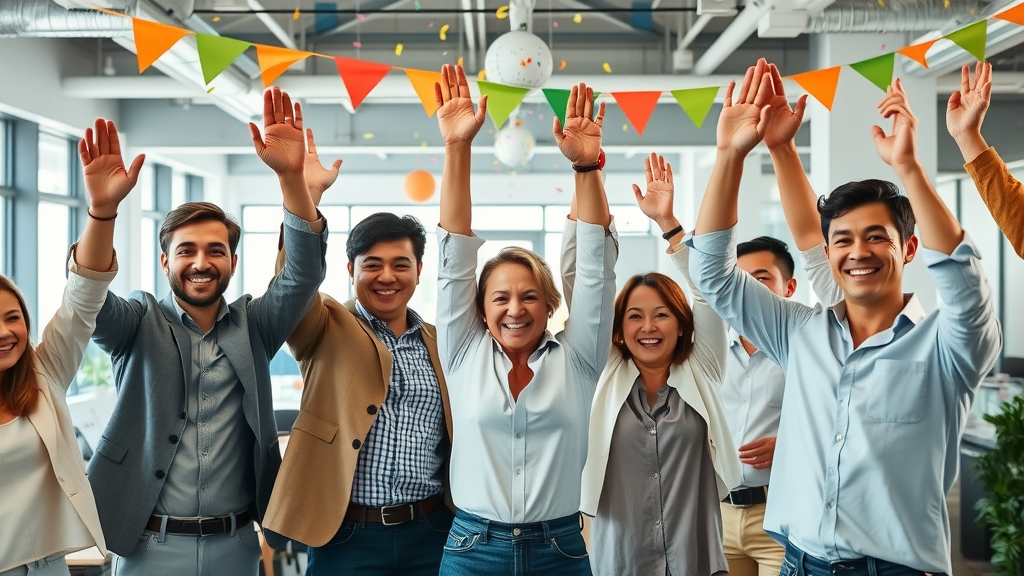 Successful diverse business team celebrating improved reputation management results