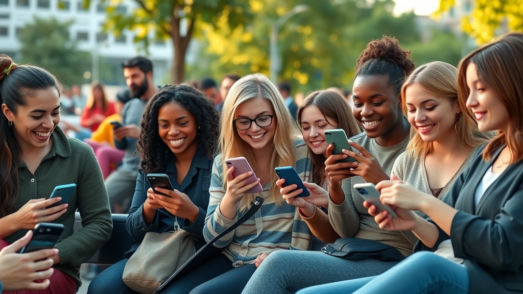 diverse audience with smartphones engaging with social media analytics in a lively urban park audience interaction scrolling screens emoji reactions