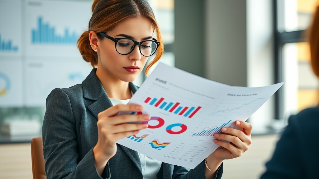 focused businesswoman reviewing analytics report social media analytics flipping through colorful graphs analytics meeting room collaborative