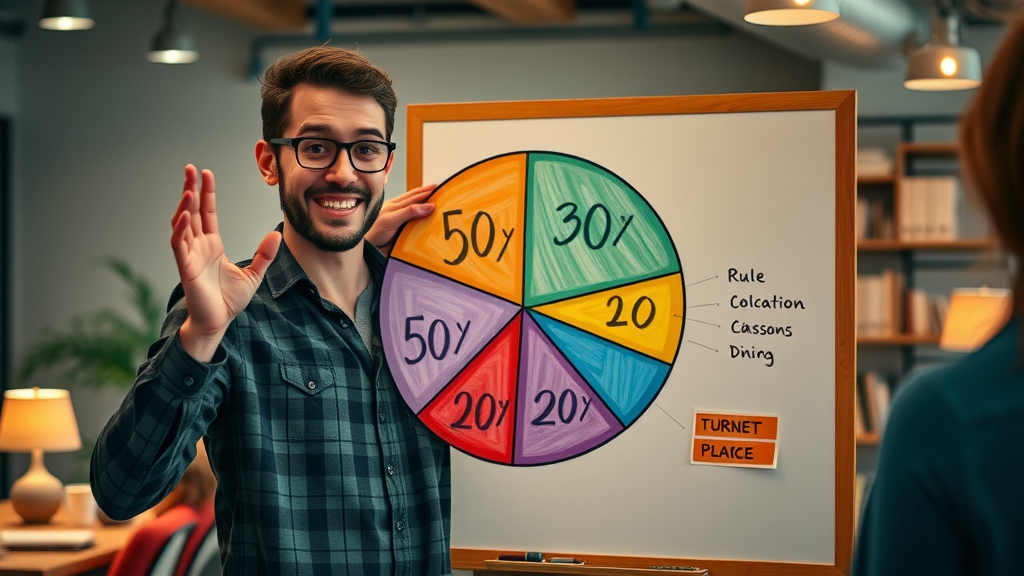 creative pie chart breaking down 50/30/20 rule marketer explaining segments vibrant social media analytics pie