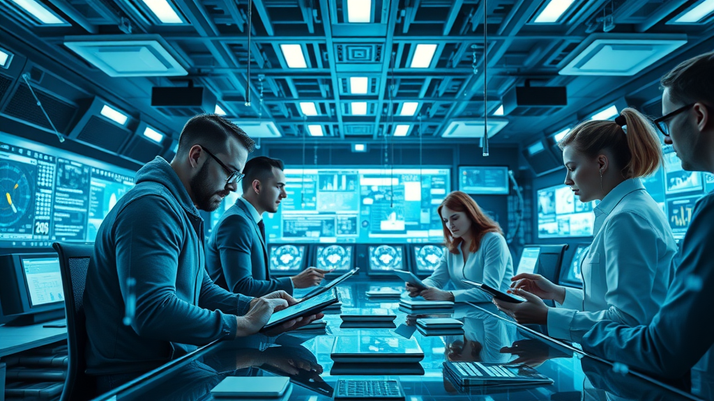 network of digital devices channels interconnected analyzing data collaborative team on laptops media analytics streaming data