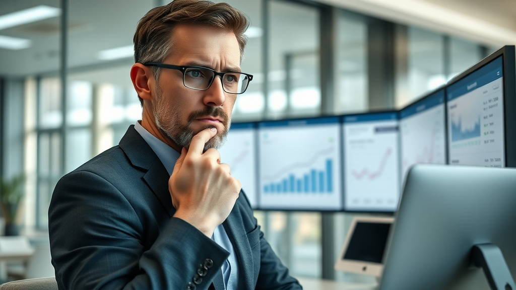 thoughtful business owner reviewing social media analytics dashboard, emphasizing the risks of social media paid ads