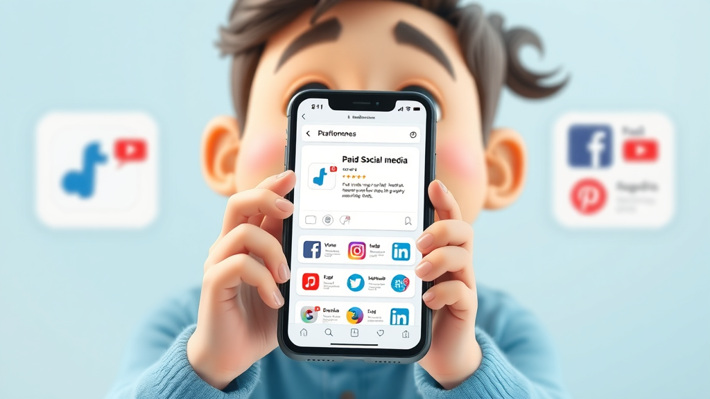 sleek smartphone display showing paid social media ad formats for Facebook, Instagram, and LinkedIn