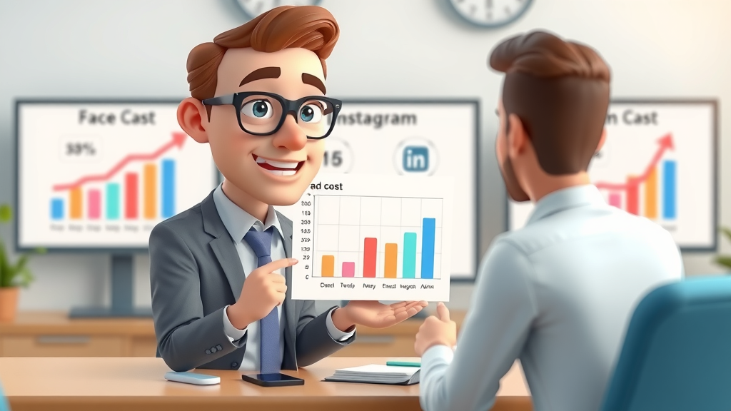 marketing consultant showing a chart with paid social media ad costs by platform, illustrating differences in rates for Facebook, Instagram, and LinkedIn