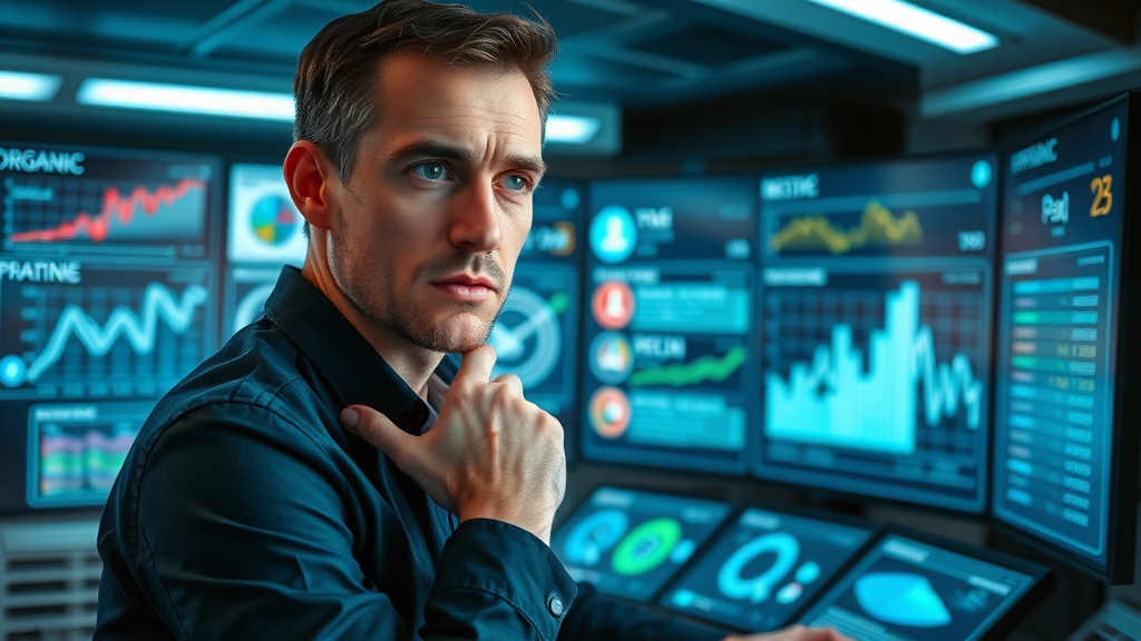 digital marketer comparing organic versus paid social media performance using virtual data overlays