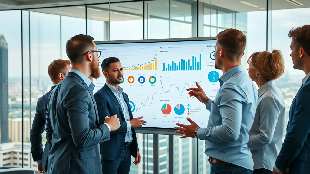digital marketers analyzing content marketing metrics and diverse graph data in a sleek modern office