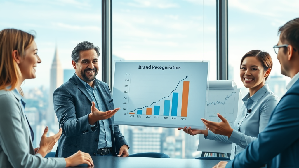brand strategist presenting upward trend in brand recognition from content marketing metrics
