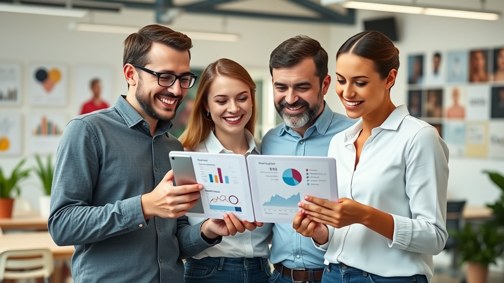 marketing team reviewing multi-channel analytics, including email marketing metrics, for content performance